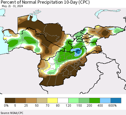 Central Asia Percent of Normal Precipitation 10-Day (CPC) Thematic Map For 5/21/2024 - 5/31/2024