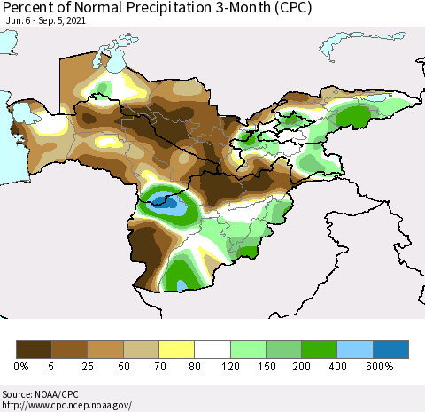 Central Asia Percent of Normal Precipitation 3-Month (CPC) Thematic Map For 6/6/2021 - 9/5/2021