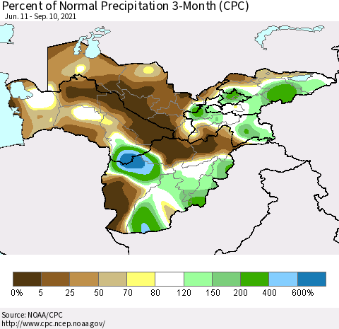 Central Asia Percent of Normal Precipitation 3-Month (CPC) Thematic Map For 6/11/2021 - 9/10/2021