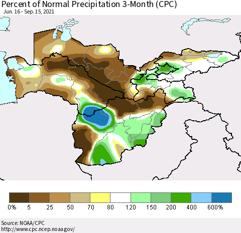 Central Asia Percent of Normal Precipitation 3-Month (CPC) Thematic Map For 6/16/2021 - 9/15/2021