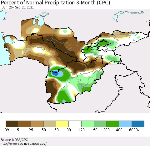 Central Asia Percent of Normal Precipitation 3-Month (CPC) Thematic Map For 6/26/2021 - 9/25/2021