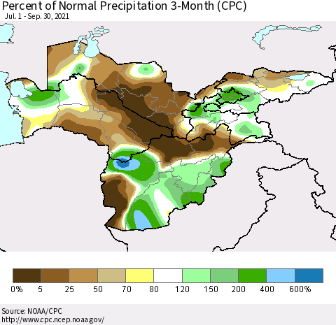 Central Asia Percent of Normal Precipitation 3-Month (CPC) Thematic Map For 7/1/2021 - 9/30/2021