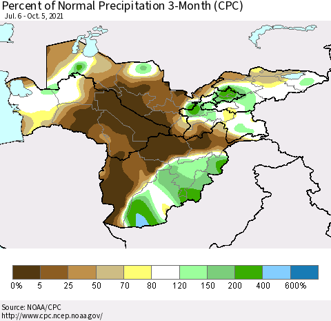 Central Asia Percent of Normal Precipitation 3-Month (CPC) Thematic Map For 7/6/2021 - 10/5/2021