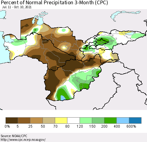 Central Asia Percent of Normal Precipitation 3-Month (CPC) Thematic Map For 7/11/2021 - 10/10/2021