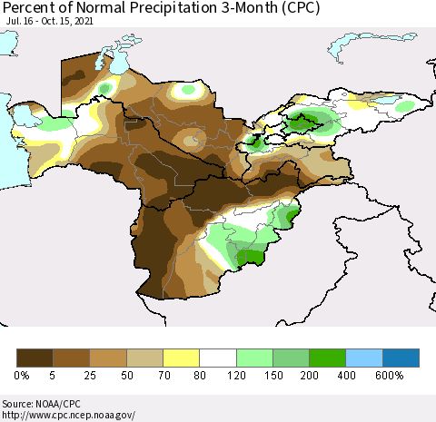 Central Asia Percent of Normal Precipitation 3-Month (CPC) Thematic Map For 7/16/2021 - 10/15/2021