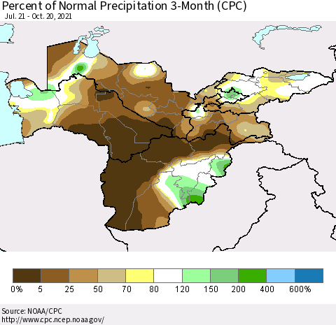 Central Asia Percent of Normal Precipitation 3-Month (CPC) Thematic Map For 7/21/2021 - 10/20/2021