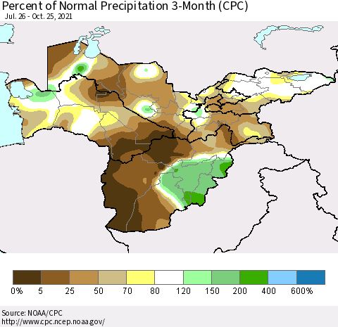 Central Asia Percent of Normal Precipitation 3-Month (CPC) Thematic Map For 7/26/2021 - 10/25/2021