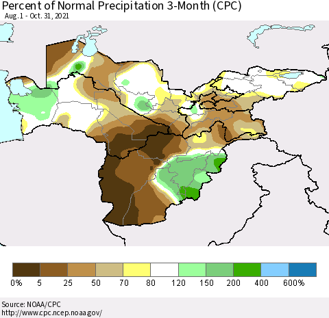 Central Asia Percent of Normal Precipitation 3-Month (CPC) Thematic Map For 8/1/2021 - 10/31/2021