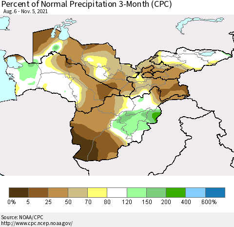 Central Asia Percent of Normal Precipitation 3-Month (CPC) Thematic Map For 8/6/2021 - 11/5/2021