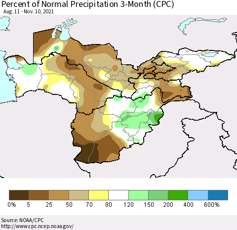 Central Asia Percent of Normal Precipitation 3-Month (CPC) Thematic Map For 8/11/2021 - 11/10/2021
