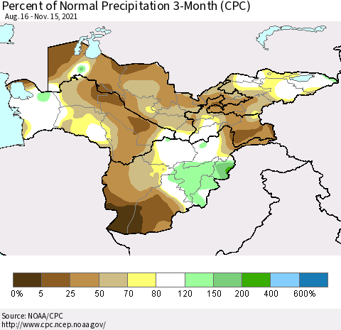 Central Asia Percent of Normal Precipitation 3-Month (CPC) Thematic Map For 8/16/2021 - 11/15/2021