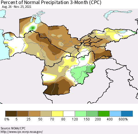 Central Asia Percent of Normal Precipitation 3-Month (CPC) Thematic Map For 8/26/2021 - 11/25/2021