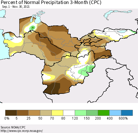 Central Asia Percent of Normal Precipitation 3-Month (CPC) Thematic Map For 9/1/2021 - 11/30/2021