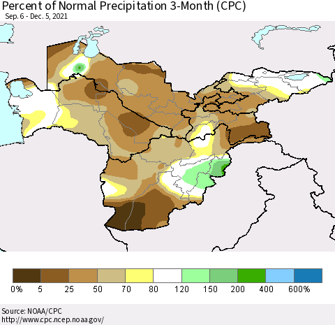 Central Asia Percent of Normal Precipitation 3-Month (CPC) Thematic Map For 9/6/2021 - 12/5/2021