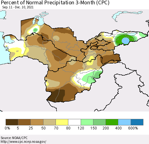 Central Asia Percent of Normal Precipitation 3-Month (CPC) Thematic Map For 9/11/2021 - 12/10/2021