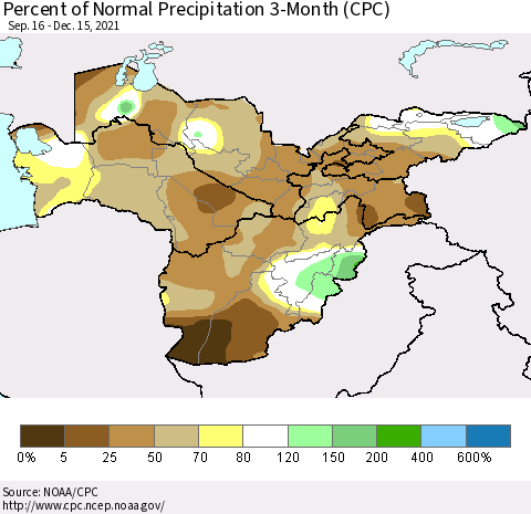 Central Asia Percent of Normal Precipitation 3-Month (CPC) Thematic Map For 9/16/2021 - 12/15/2021