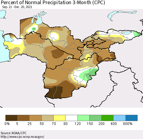Central Asia Percent of Normal Precipitation 3-Month (CPC) Thematic Map For 9/21/2021 - 12/20/2021