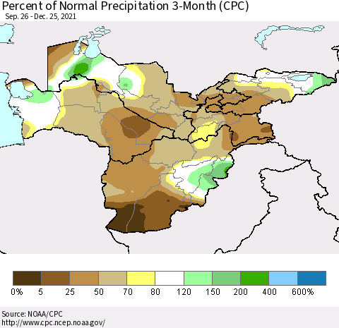 Central Asia Percent of Normal Precipitation 3-Month (CPC) Thematic Map For 9/26/2021 - 12/25/2021