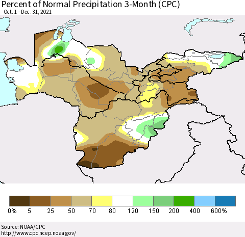 Central Asia Percent of Normal Precipitation 3-Month (CPC) Thematic Map For 10/1/2021 - 12/31/2021