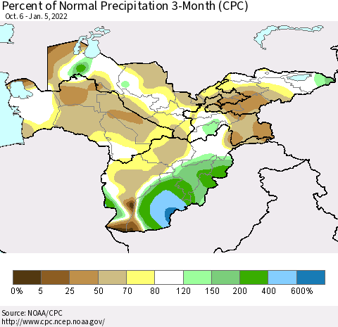 Central Asia Percent of Normal Precipitation 3-Month (CPC) Thematic Map For 10/6/2021 - 1/5/2022