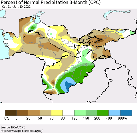 Central Asia Percent of Normal Precipitation 3-Month (CPC) Thematic Map For 10/11/2021 - 1/10/2022