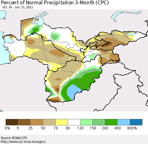 Central Asia Percent of Normal Precipitation 3-Month (CPC) Thematic Map For 10/16/2021 - 1/15/2022