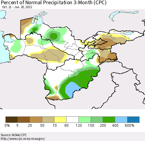 Central Asia Percent of Normal Precipitation 3-Month (CPC) Thematic Map For 10/21/2021 - 1/20/2022
