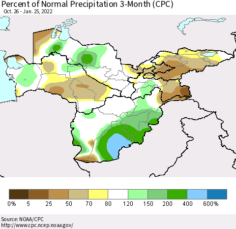 Central Asia Percent of Normal Precipitation 3-Month (CPC) Thematic Map For 10/26/2021 - 1/25/2022