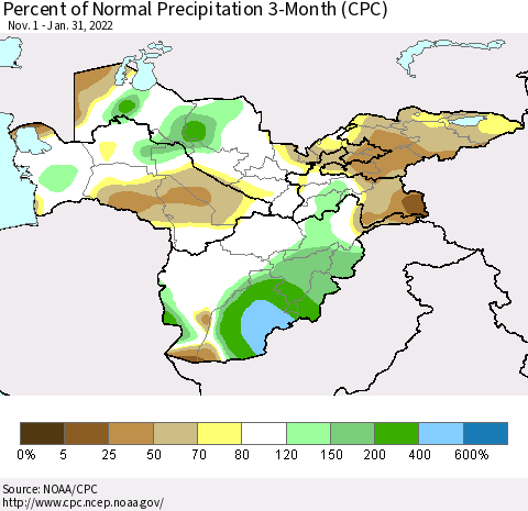 Central Asia Percent of Normal Precipitation 3-Month (CPC) Thematic Map For 11/1/2021 - 1/31/2022