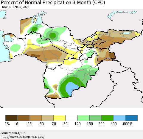 Central Asia Percent of Normal Precipitation 3-Month (CPC) Thematic Map For 11/6/2021 - 2/5/2022