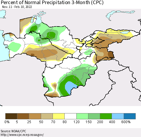 Central Asia Percent of Normal Precipitation 3-Month (CPC) Thematic Map For 11/11/2021 - 2/10/2022