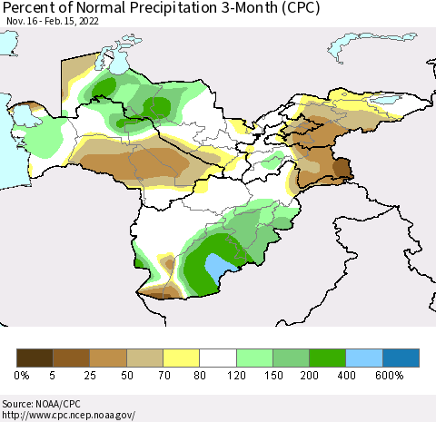 Central Asia Percent of Normal Precipitation 3-Month (CPC) Thematic Map For 11/16/2021 - 2/15/2022
