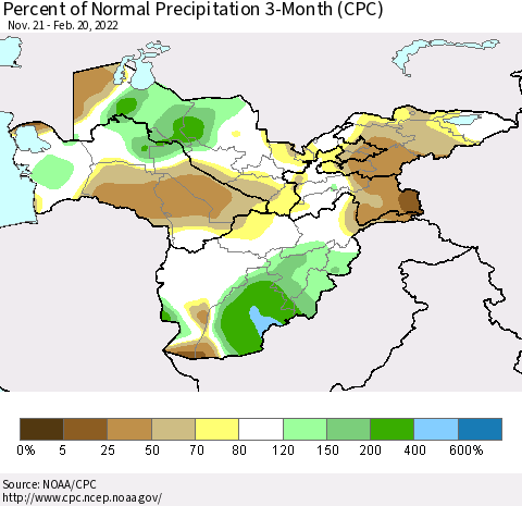 Central Asia Percent of Normal Precipitation 3-Month (CPC) Thematic Map For 11/21/2021 - 2/20/2022