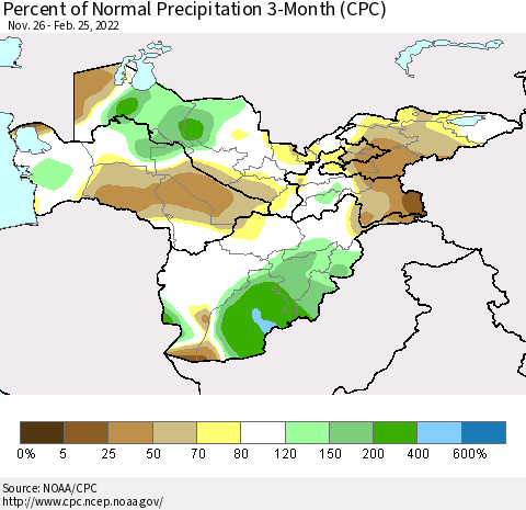 Central Asia Percent of Normal Precipitation 3-Month (CPC) Thematic Map For 11/26/2021 - 2/25/2022