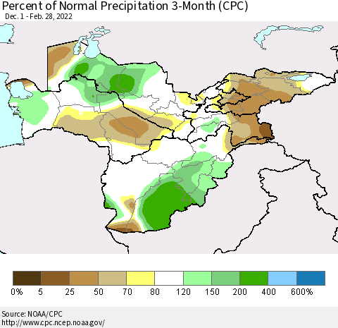 Central Asia Percent of Normal Precipitation 3-Month (CPC) Thematic Map For 12/1/2021 - 2/28/2022