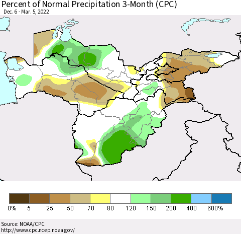 Central Asia Percent of Normal Precipitation 3-Month (CPC) Thematic Map For 12/6/2021 - 3/5/2022