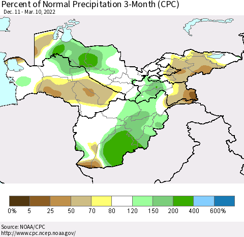 Central Asia Percent of Normal Precipitation 3-Month (CPC) Thematic Map For 12/11/2021 - 3/10/2022