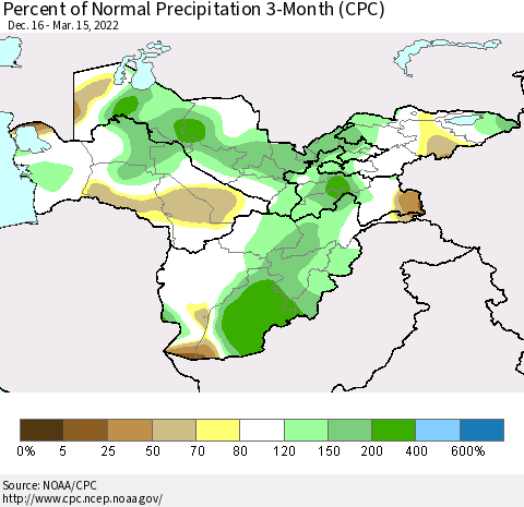 Central Asia Percent of Normal Precipitation 3-Month (CPC) Thematic Map For 12/16/2021 - 3/15/2022