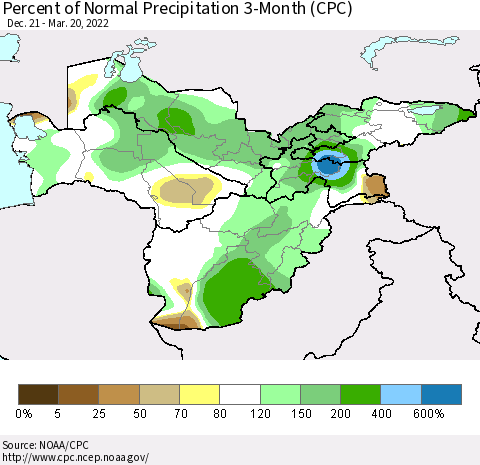 Central Asia Percent of Normal Precipitation 3-Month (CPC) Thematic Map For 12/21/2021 - 3/20/2022