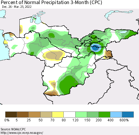 Central Asia Percent of Normal Precipitation 3-Month (CPC) Thematic Map For 12/26/2021 - 3/25/2022