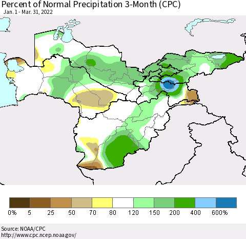 Central Asia Percent of Normal Precipitation 3-Month (CPC) Thematic Map For 1/1/2022 - 3/31/2022