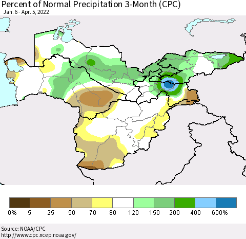 Central Asia Percent of Normal Precipitation 3-Month (CPC) Thematic Map For 1/6/2022 - 4/5/2022