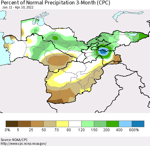 Central Asia Percent of Normal Precipitation 3-Month (CPC) Thematic Map For 1/11/2022 - 4/10/2022