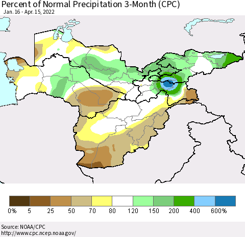 Central Asia Percent of Normal Precipitation 3-Month (CPC) Thematic Map For 1/16/2022 - 4/15/2022