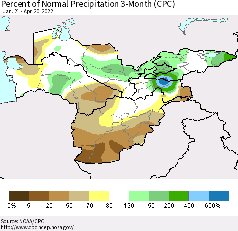 Central Asia Percent of Normal Precipitation 3-Month (CPC) Thematic Map For 1/21/2022 - 4/20/2022