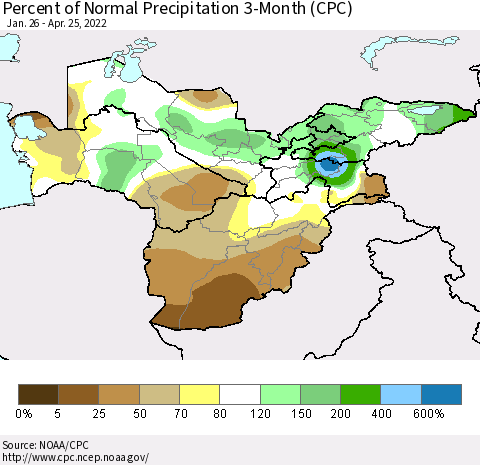 Central Asia Percent of Normal Precipitation 3-Month (CPC) Thematic Map For 1/26/2022 - 4/25/2022