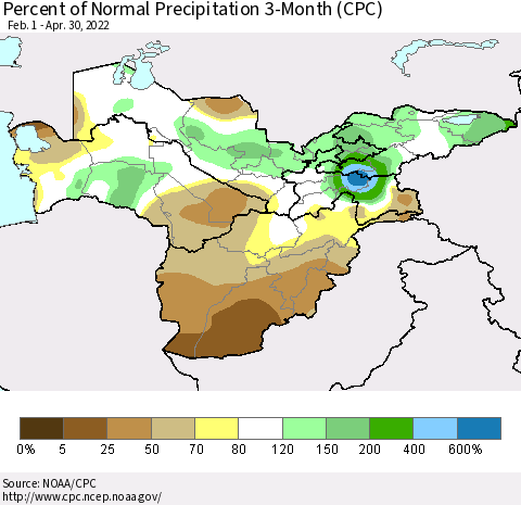 Central Asia Percent of Normal Precipitation 3-Month (CPC) Thematic Map For 2/1/2022 - 4/30/2022
