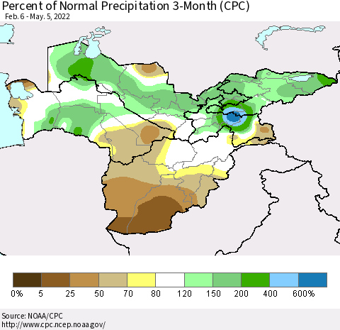 Central Asia Percent of Normal Precipitation 3-Month (CPC) Thematic Map For 2/6/2022 - 5/5/2022