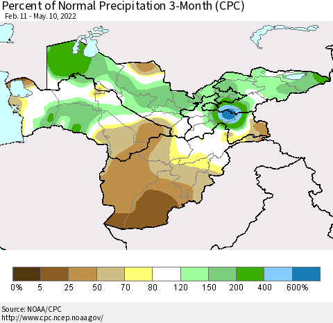 Central Asia Percent of Normal Precipitation 3-Month (CPC) Thematic Map For 2/11/2022 - 5/10/2022