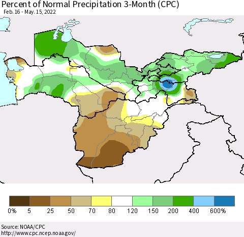 Central Asia Percent of Normal Precipitation 3-Month (CPC) Thematic Map For 2/16/2022 - 5/15/2022